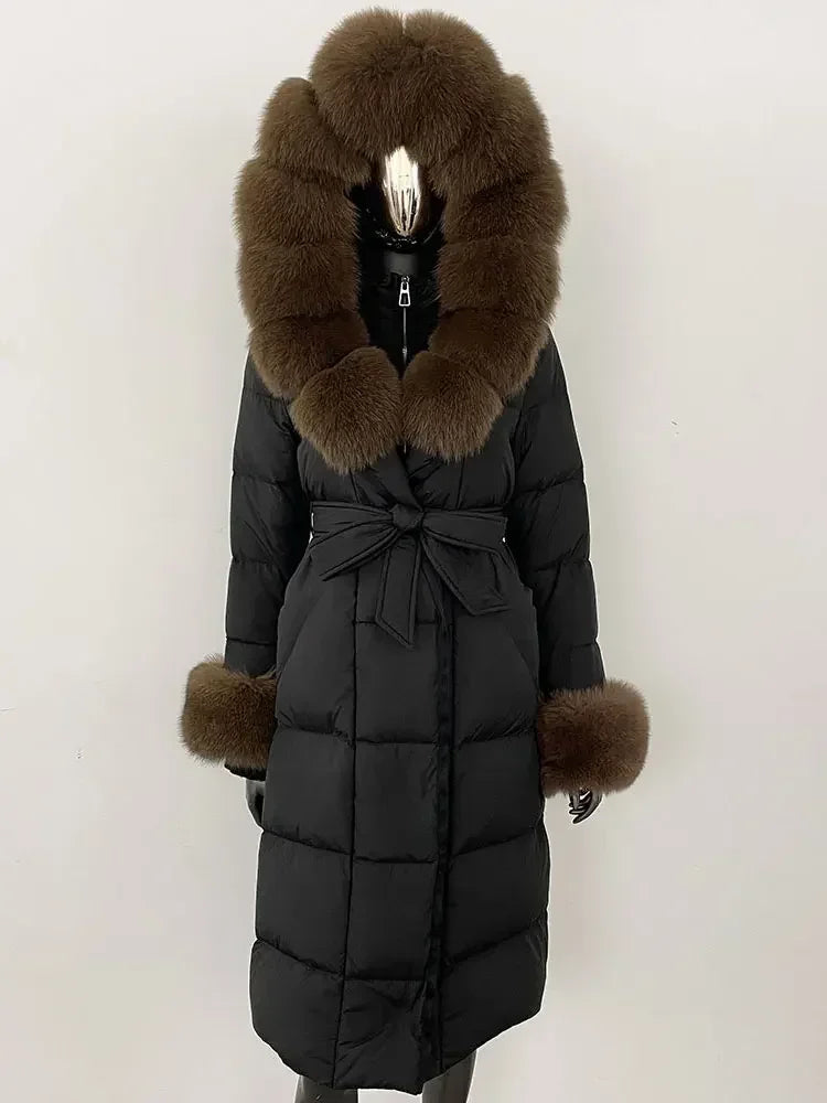 CXFS New Real Raccoon Fox Fur Collar Hooded Natural Long Winter Jacket Women 90 White Duck Down Coat Thick Warm Casual Outerwear