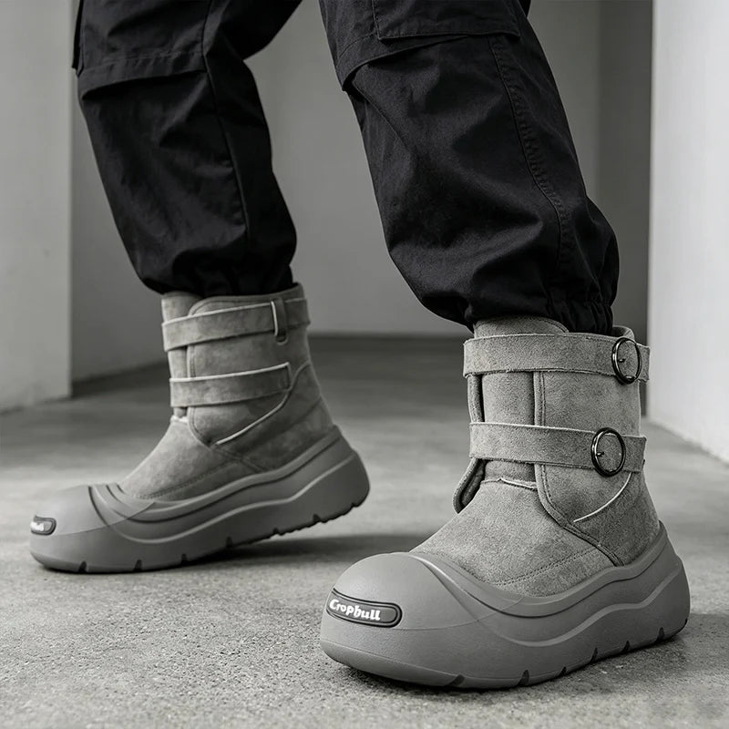 Men's Thick-Soled Snow Boots, Winter Fleece-Lined Warm Outdoor Anti-Slip Snow Boots, Double Buckle Ring Design, Motorcycle Style Short Boots, Trendy Versatile Casual Cotton Boots