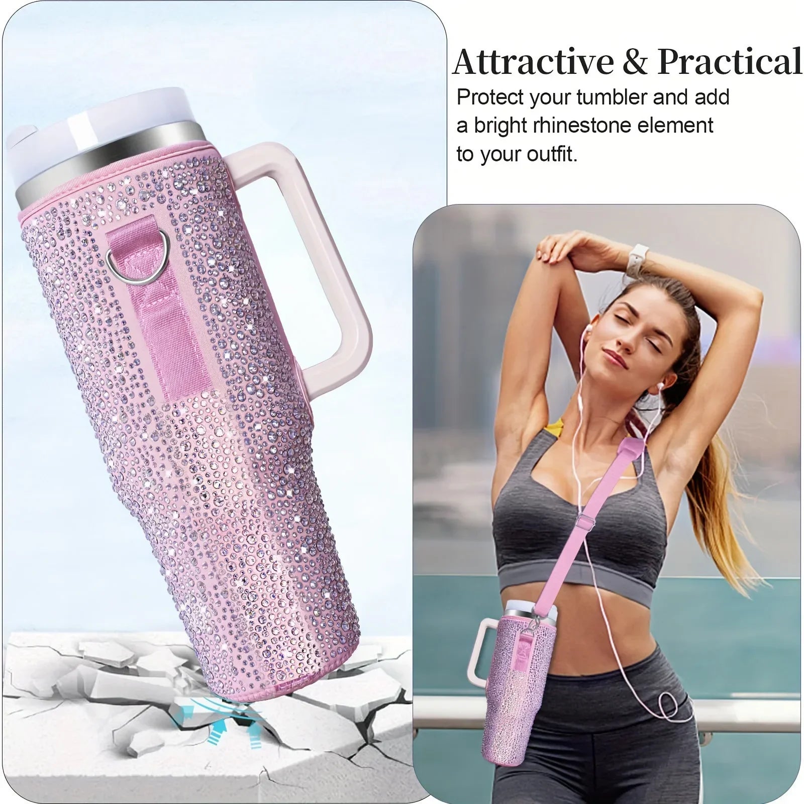40oz bling shiny rhinestone Water Bottle Bag protecting case For Stanley Quencher Cup Sleeve Strap Pouch