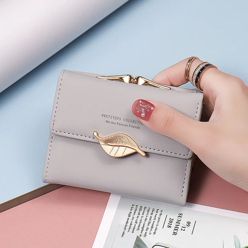 New purse Female Japan and South Korea small fresh PU solid color three fold bag multi-card folding large capacity coin student - Kimlud