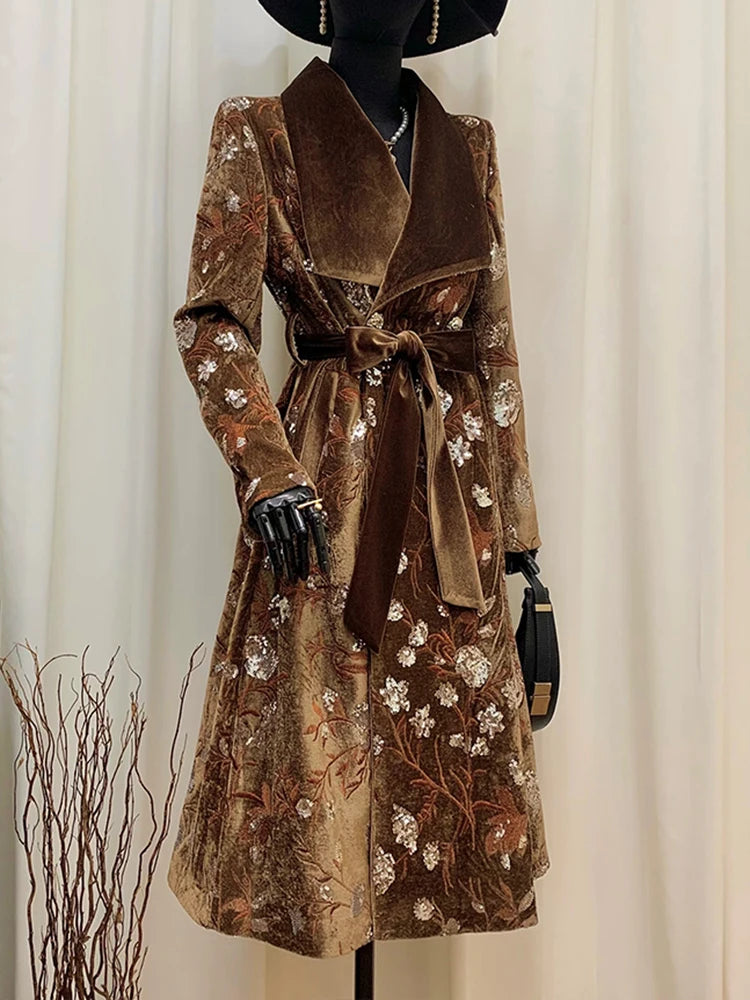 YERMORA Brown Sequins Embroidery Belt Elegant Trench For Women Lapel Long Sleeve Loose New Windbreaker Fashion Autumn Winter