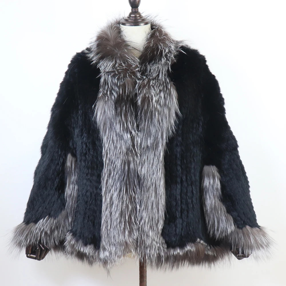 Hot Women Knitted 100% Real Rabbit Fur Shawl Winter Warm Genuine Rabbit Fur Pashmina Coat With Fox Fur Collar For Female...