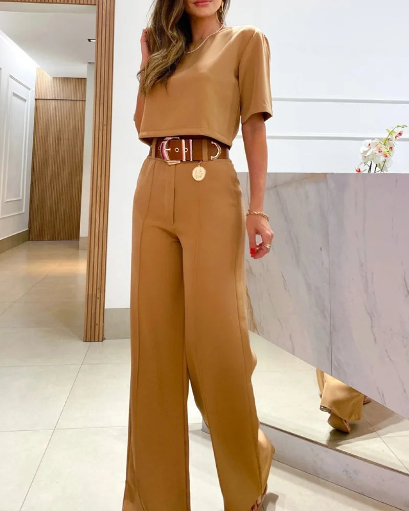 Summer New Temperament Commuter Solid Color Short-Sleeved Suit Pants Fashion Casual Suit Women's Two Pieces Set New In Matching