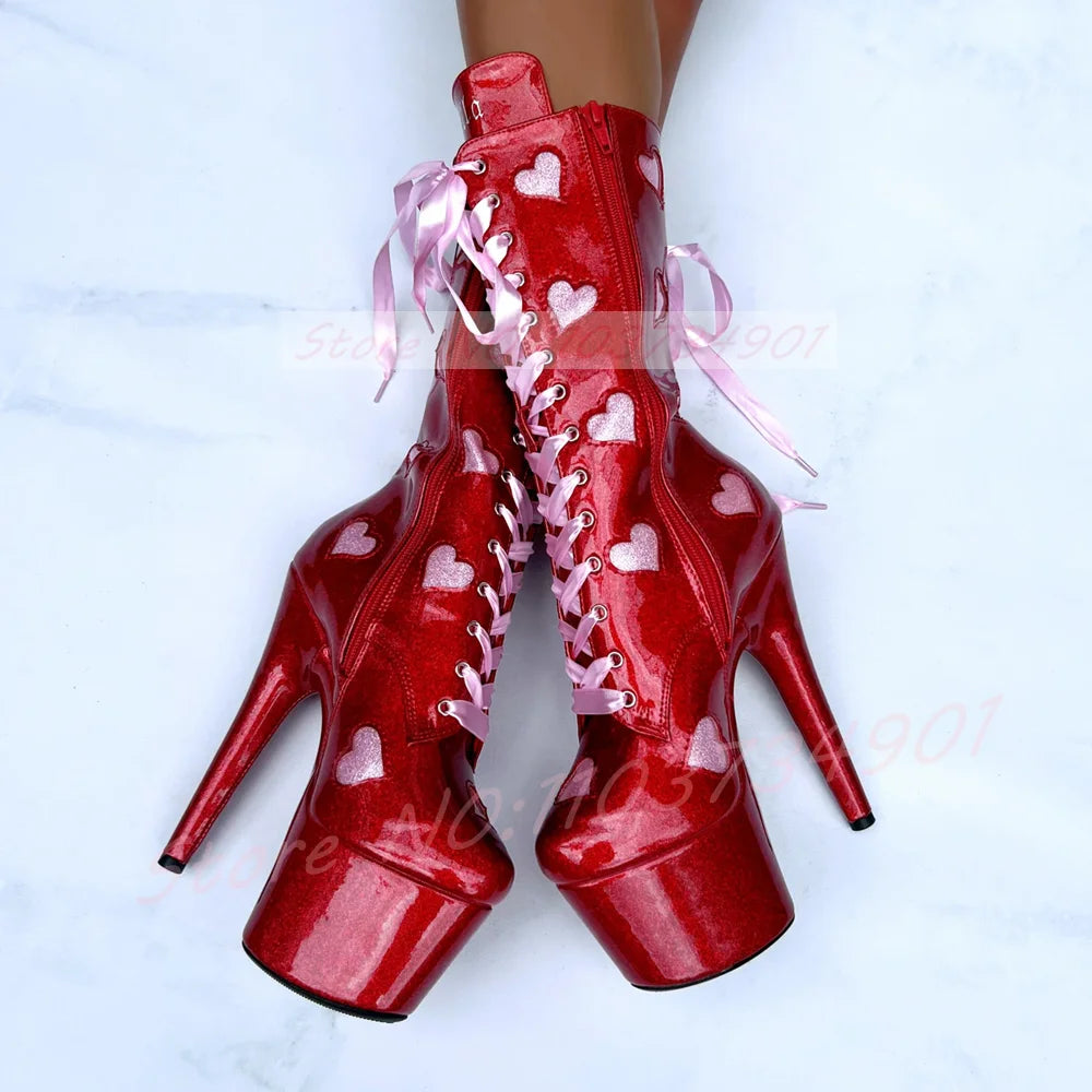Sparkles Glittery Heart Cutouts Mid Calf Boots Women Platform Pink Ribbon Shoelaces High Heels Boots Sexy Dance Shoes