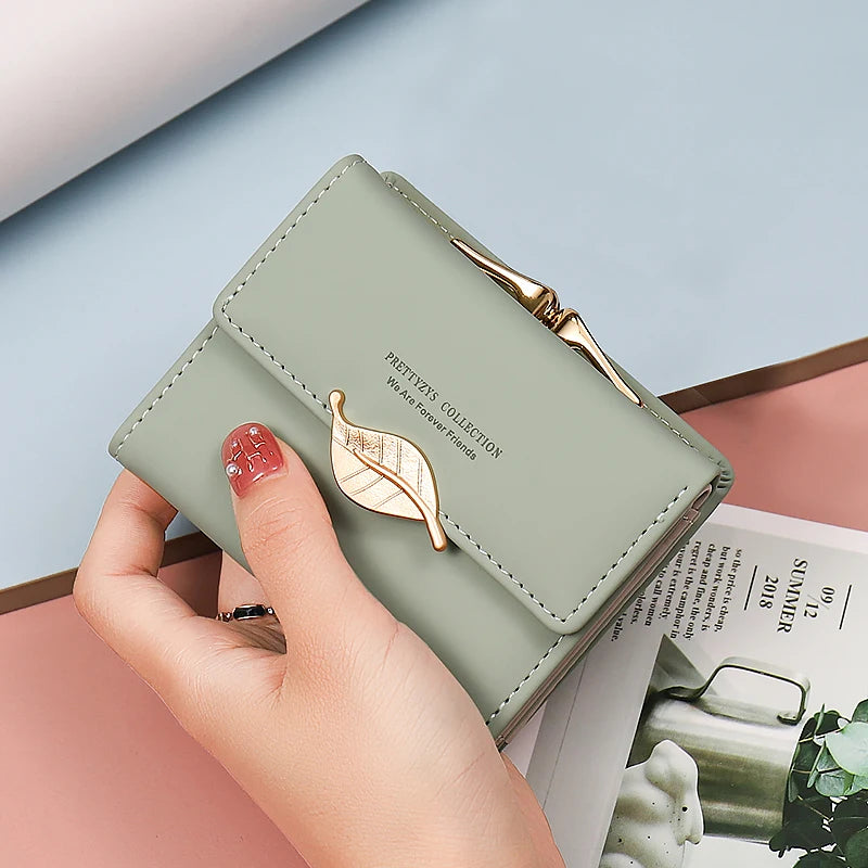 New purse Female Japan and South Korea small fresh PU solid color three fold bag multi-card folding large capacity coin student - Kimlud