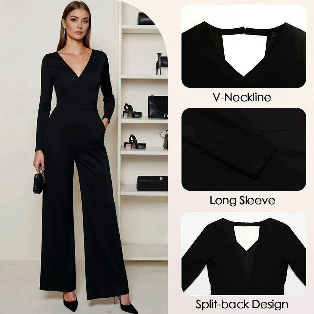 Mia Muse Women's Jumpsuits All Season French Elegant Solid Color Waist In Design Long Sleeve Plunge Neck Wide Leg Suitable for