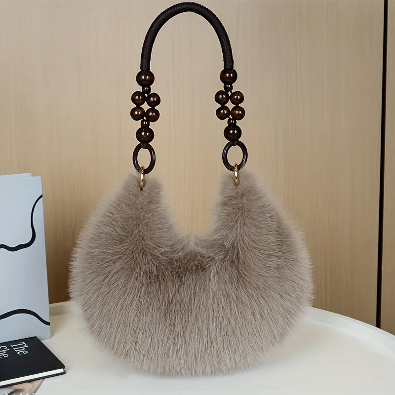 Women's Faux Handbag, Plush Faux Tote Purse with Bead Accented Strap, Zipper Closure Elegant Handbags Shoulder Bags for Everyday