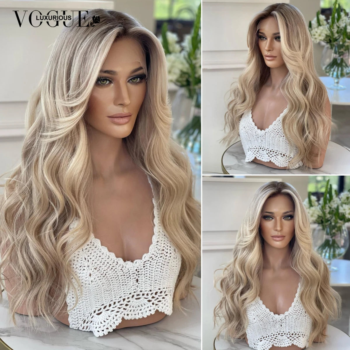 LUX VOGUE Brown Diamond Sheen Balayage Color 100% Virgin Hair Wig 260% Density Beachy Waves 13x6 Upgrade Nude Color Lace Wig