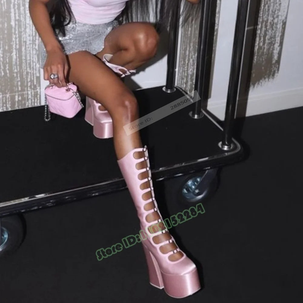 High Platform Pink Sandals Hollow Cuts Straps Buckles Chunky High Heels Solid Knee High Long Sandals Ladies Summer Sexy Shoes - Kimlud