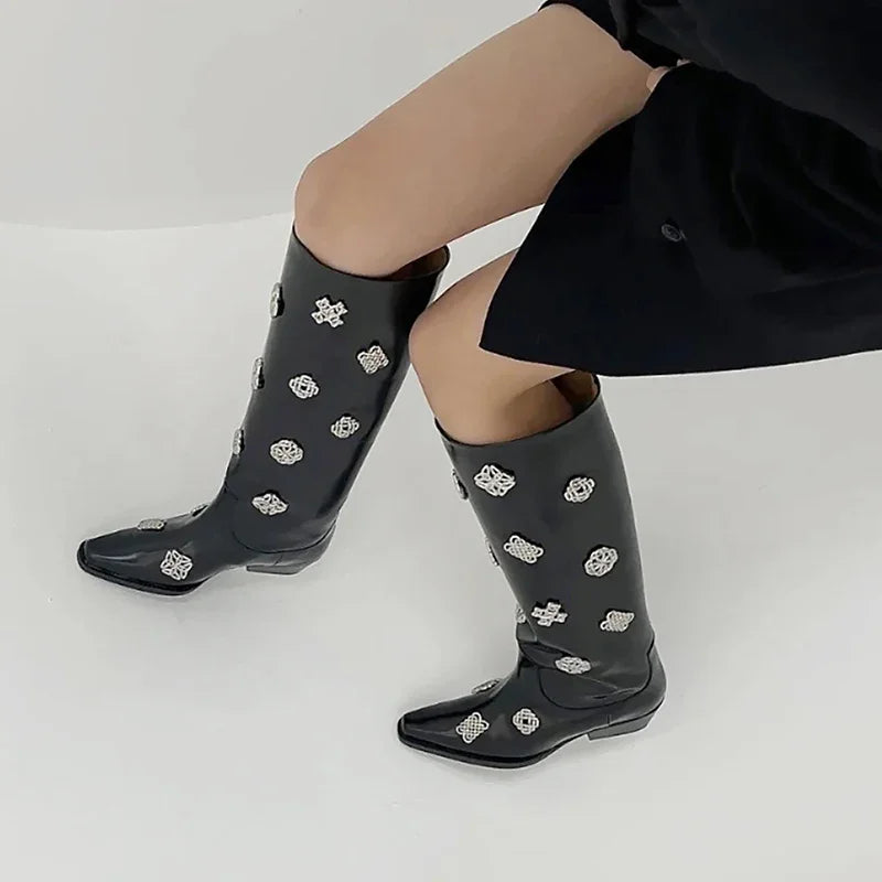 Square Toe Metal Decoration Block Heel Knee-High Boots Woman Winter 2025 New In Black Slip-On Boots Fashion Shoes for Women