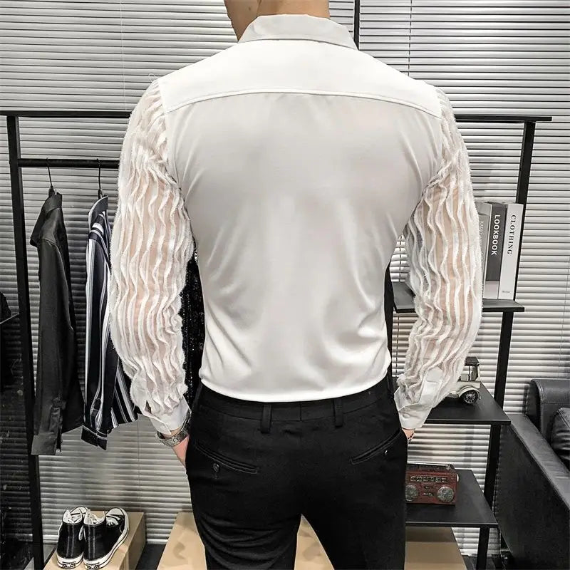 Spring Autumn Y2K Fashion Harajuku Shirt Men All Match Loose Casual Tops Patchwork Blusa Long Sleeve Button Lace Male Clothes - Kimlud