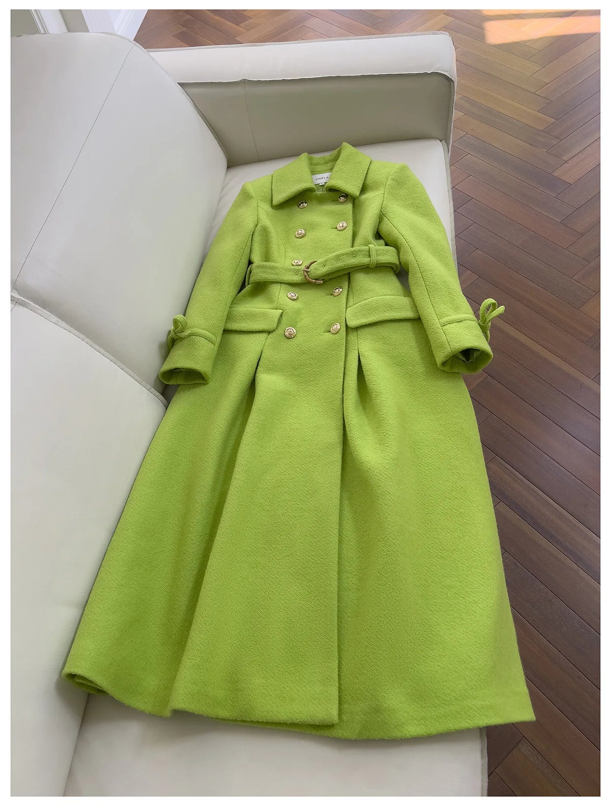 IEQJ Fashion Autumn Winter Green Woolen Coat Women Turn Down Collar Long Sleeves Double Breasted Sashes Slim Blends Coats New
