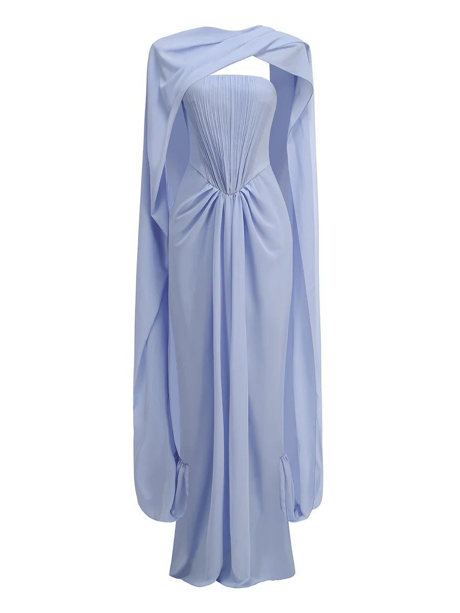 Sexy Strapless Pleated Ruched Long Dress Women Light Blue Sleeveless Mesh Patchwork Halter Slim Dresses Evening Club...