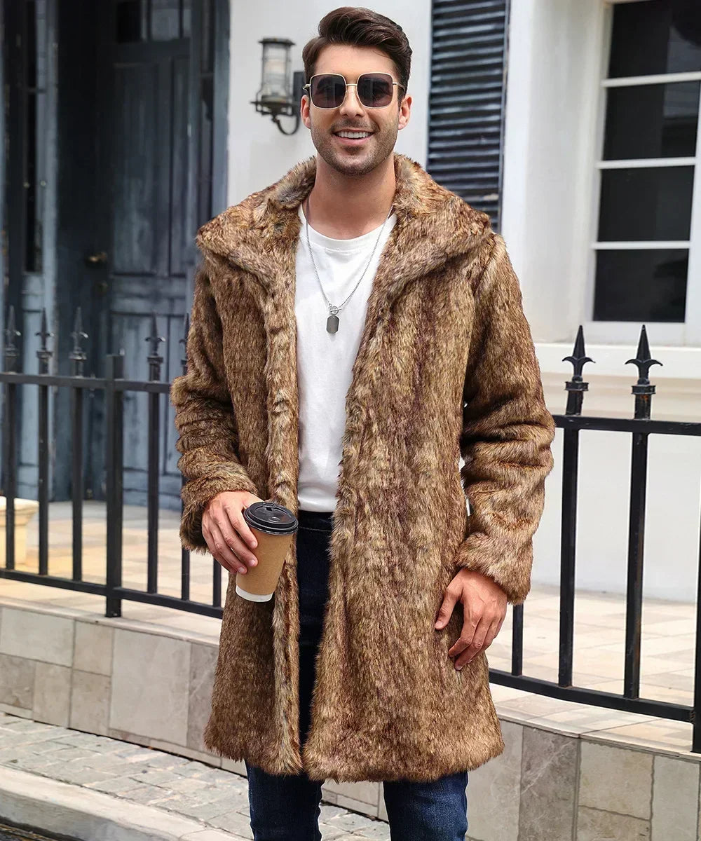 Men Faux Fox Fur Long Jacket Coat Winter Thick Fluffy Long Sleeve Warm Shaggy Luxury Faux Fur Long Jacket Bontjas Jackets Mens