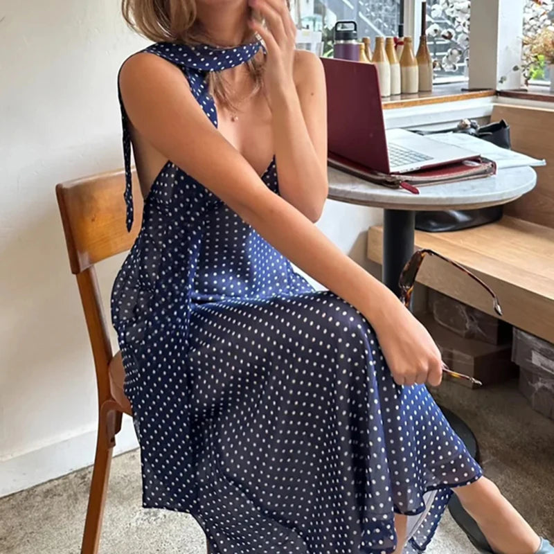 Coquette Y2k V Neck Tie Back Spaghetti Strap Maxi Dresses Women Polka Dot Summer Dress with Scarf 2025 Slim Fit A Line...
