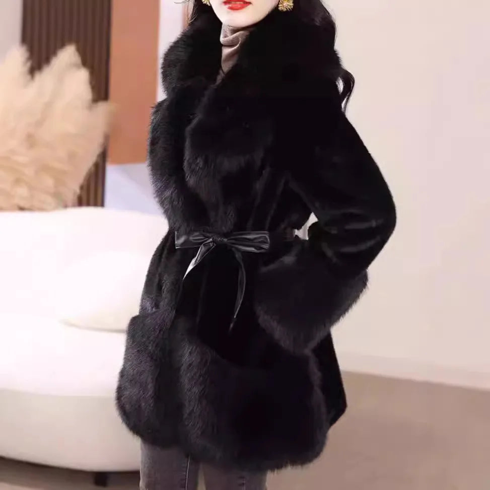 Elegant Simplistic Women's Faux Fur Mink Coat Eco-Friendly Long Sleeve Mid-Length Fashionable Winter Outerwear Coat