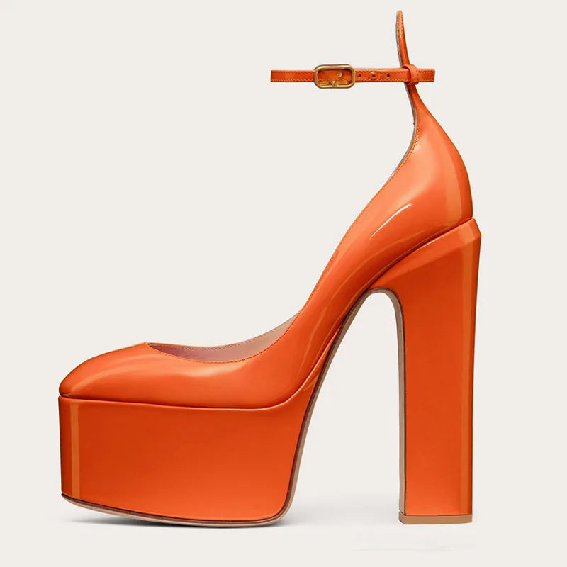 Women New European And American Style Super High Heels Patent Leather Round Toe Thick Sole Large Size Thick Heel Shoes