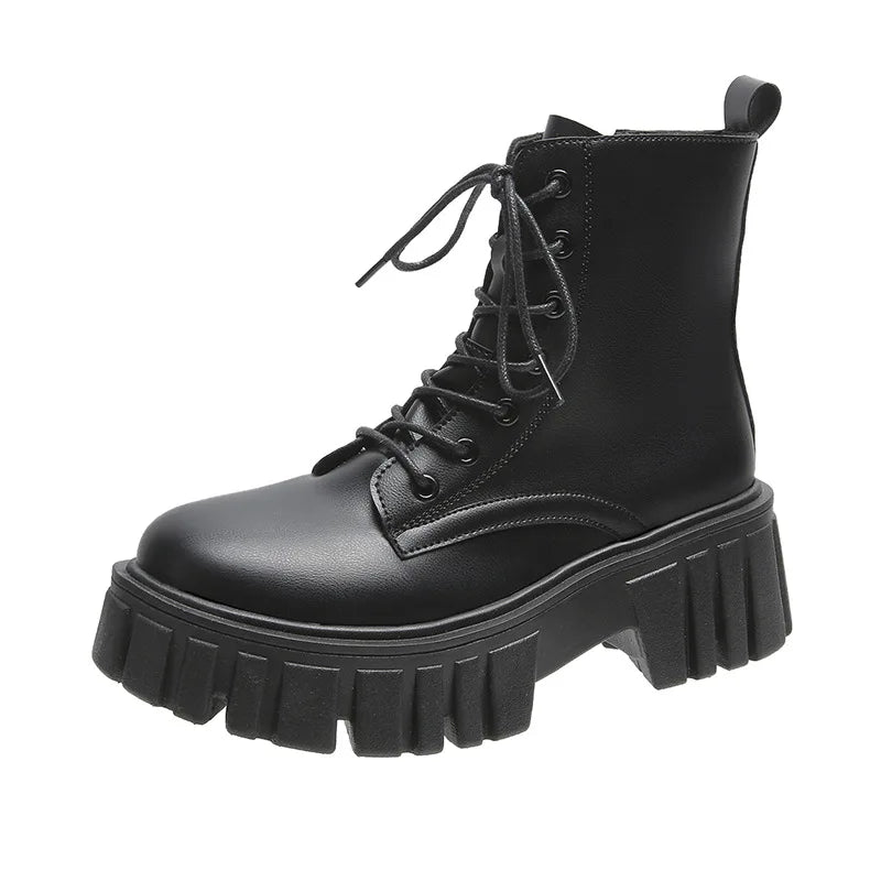 2022 New Women White Ankle Boots PU Leather Thick Sole Lace Up Combat Booties Female Autumn Winter Platform Shoes Woman