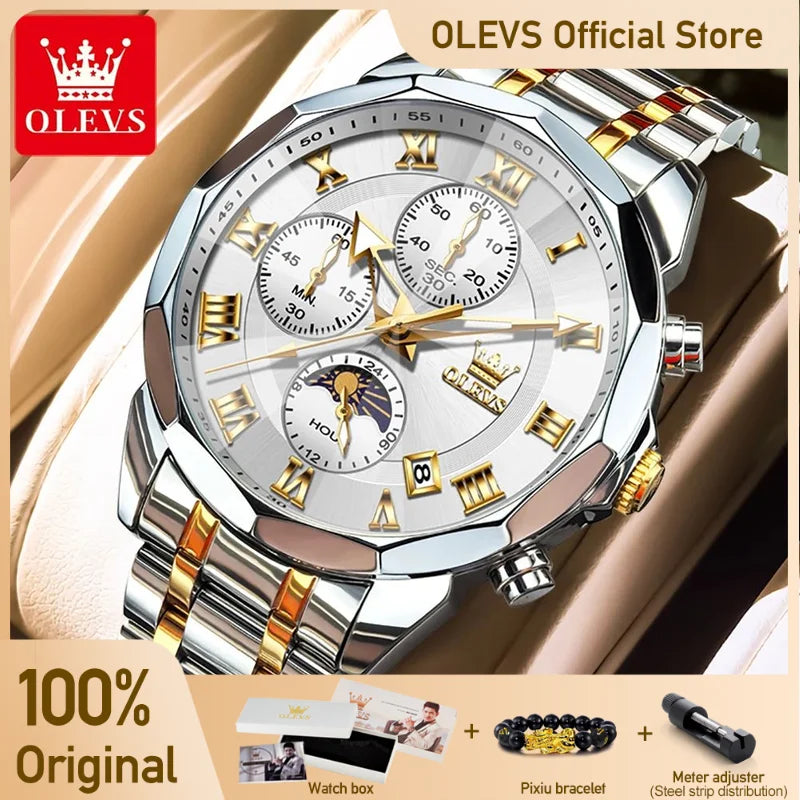 OLEVS 3675 Mens Watch Original Business Brand Quartz Watch Multifunctional Chronograph Waterproof Moon Phase Watch For Man New