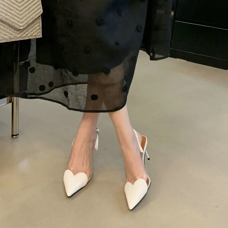2025 New Pointy Peach Heart Fine Heel Shoes Sexy Pvc Transparent Film Black Patent Leather High Heel Overhead Sandals
