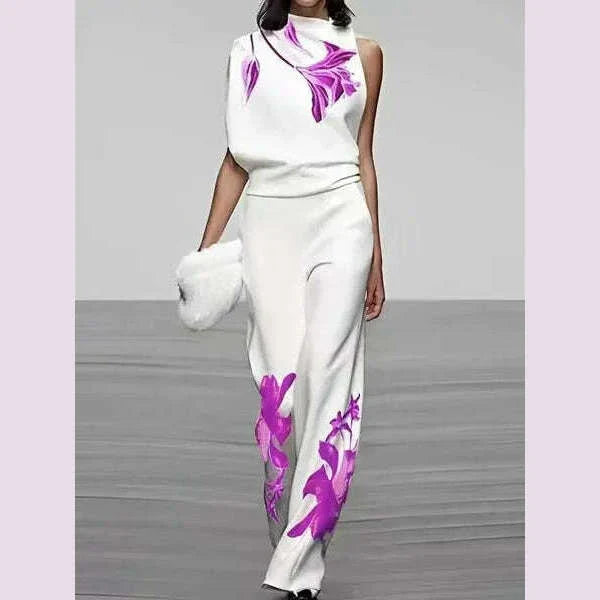 Spring Summer Fashion Printed Set For Women's Casual Sleeveless Shirt Top + Wide-leg Trousers 2-piece Suit Office Women Outfit