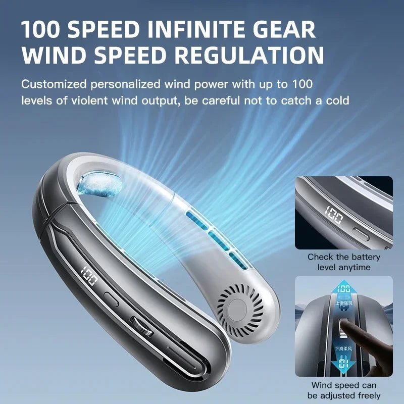 8000mAh USB Hanging Neck Fan Portable Bladeless Mini Rechargeable Mute LED Digital Display Electric Air Cooler Handheld - Kimlud