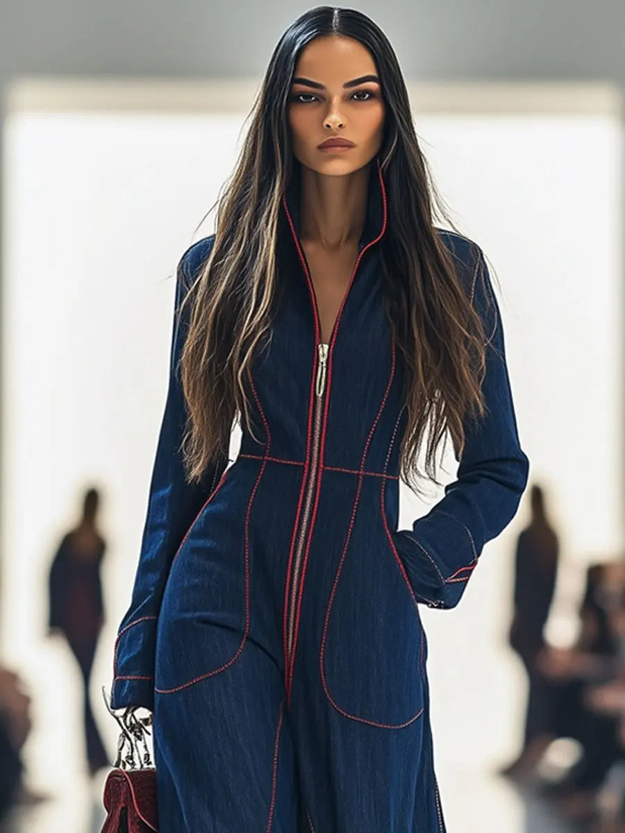 Slim Fit Stand Collar Long Sleeve Casual Cargo Jumpsuit 2025 New Style Europ-American High-Grade Waist-Cinched Wide-Leg...