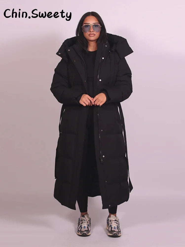 Warm Women's Puffy Quilted Hooded Long Cotton Coat Loose Solid Stand Collar Lace Up Zipper Overcoats 2025 Winter Lady Outwear