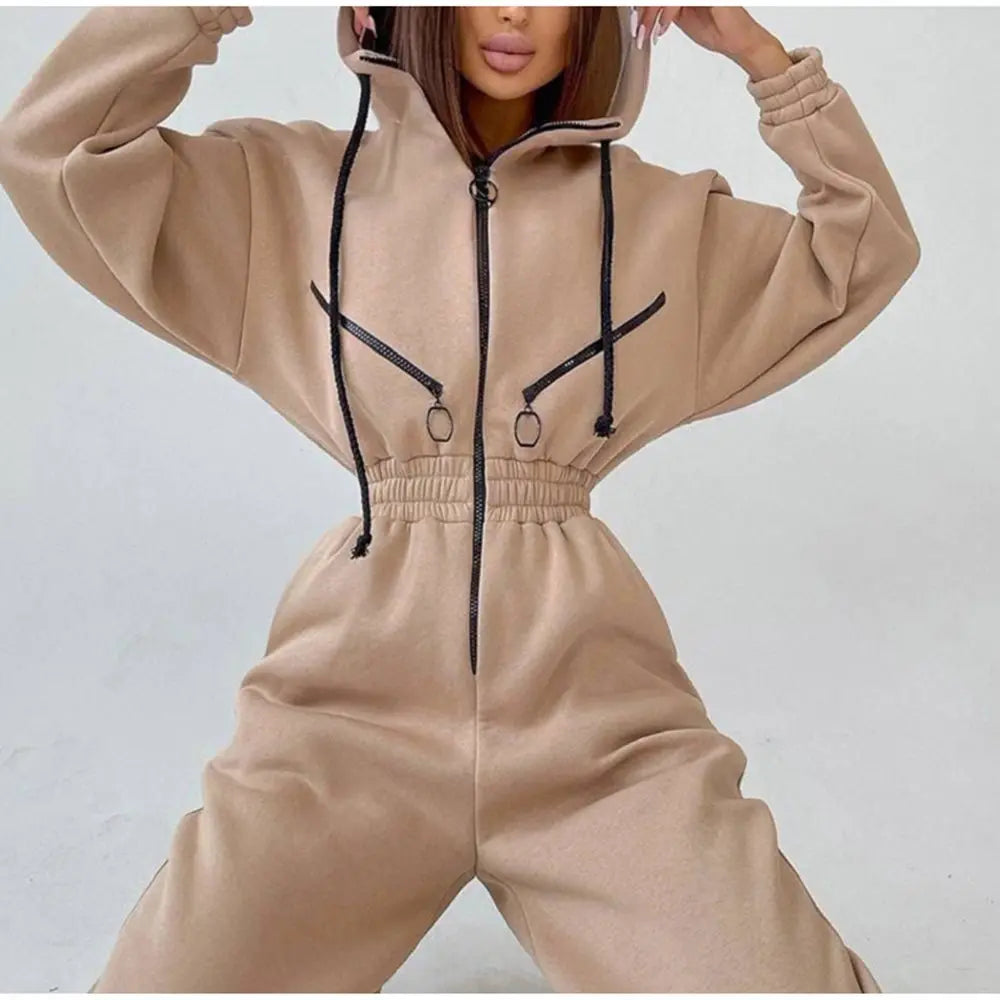 Long Sleeve Sports Casual Women's Hooded Overall Pants Jumpsuits Solid Color Jumpsuit Women One-Piece Suit - Kimlud