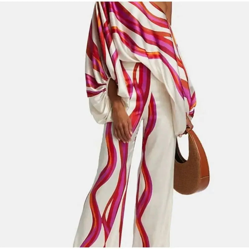 Women Satin Print Pajamas Suit Fashion Hollow Off Shoulder Tops with Long Pants 2 Piece Sets 2024 Homewear Commuting Outfits - Kimlud