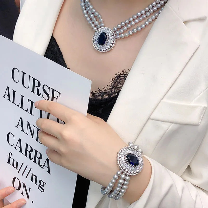 Natural freshwater pearl necklace set High-end luxury Czech rhinestone necklace women's wedding party jewelry accessories