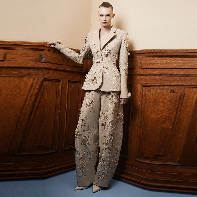 HIGH STREET Newest Fashion 2026 Designer Runway Suit Set Women's Luxurious Beading Flower Suit Trousers Pants Suit 2pcs...