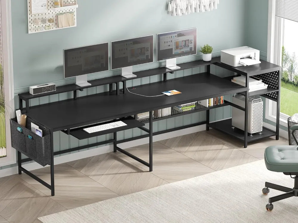 L-Shaped Gaming Desk with Power Outlets, LED Lights & Storage - Reversible Design for Home Office - Kimlud