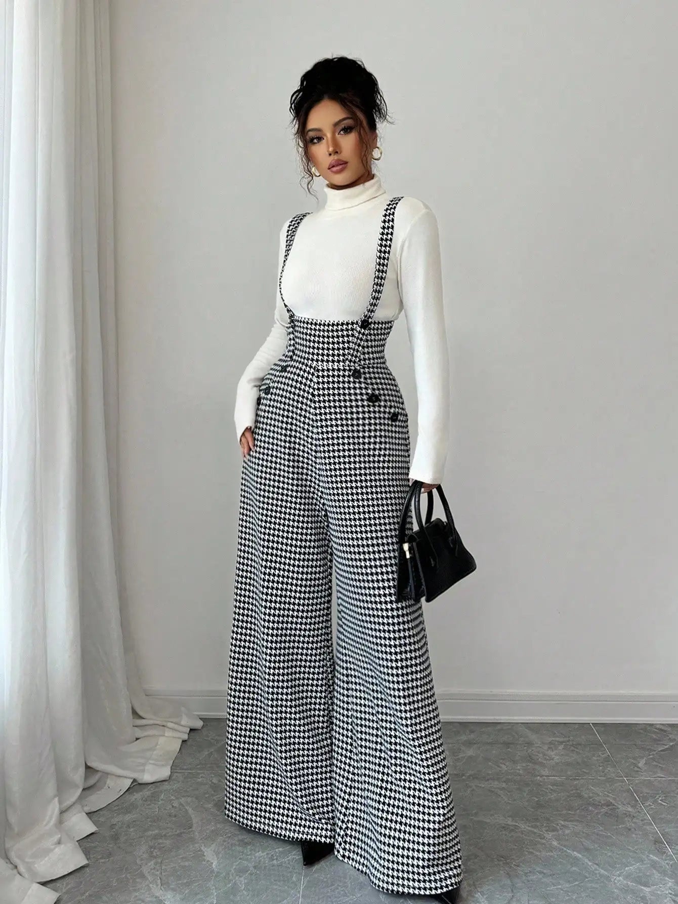 Overalls for Women's Winter Jumpsuit Black White Vintage Wide Leg Suspender Pants for Office Commute Casual Female...
