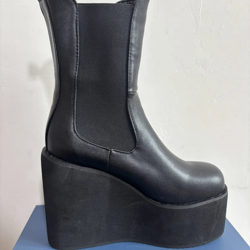 Platform Ankle Boots For Women Shoes Black White Wedges High Heels Gothic Boot Casual Autumn Winter Shoes Female Waterproof