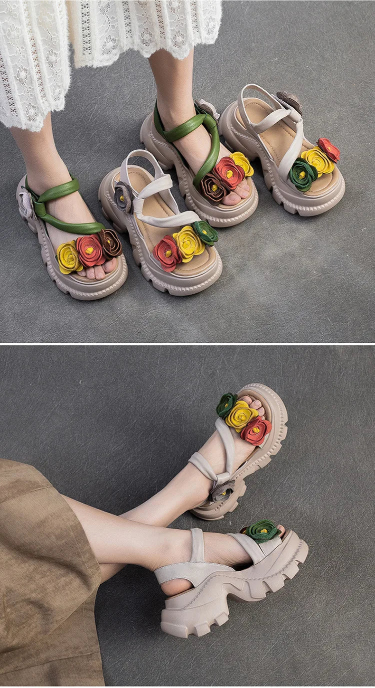 Koznoy 7cm Cow Genuine Leather Platform Wedge Women Summer Flower Slippers Pumps Hook Hollow Mary Jane Sandals Shoes Flats - Kimlud