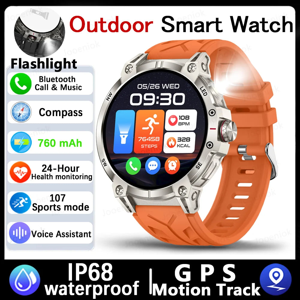 Military Smart Watch Men 760mAh Large Battery LED Flashlight Compass 1.8"HD Screen Heart rate Waterproof BT Call Smartwatch New