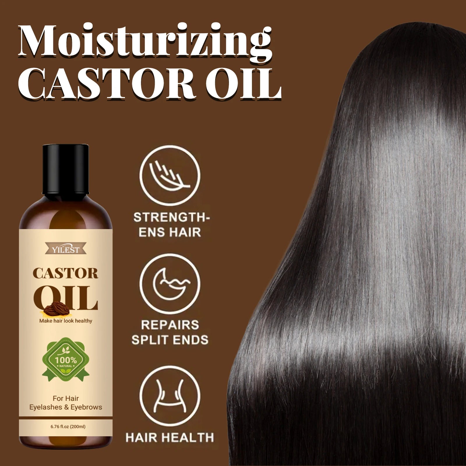 100%Pure Castor Oil - For Hair Growth, Eyelashes Eyebrows Care, Moisturizing & Strengthening Dry Damaged Hair, Repair Split Ends