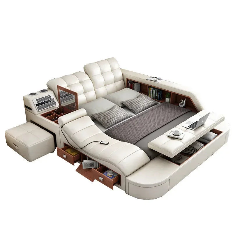 Genuine Leather Tech Smart Multifunctional Beds Massage Modern Luxury Camas Upholstered With Bluetooth Speaker,Air Cleaner