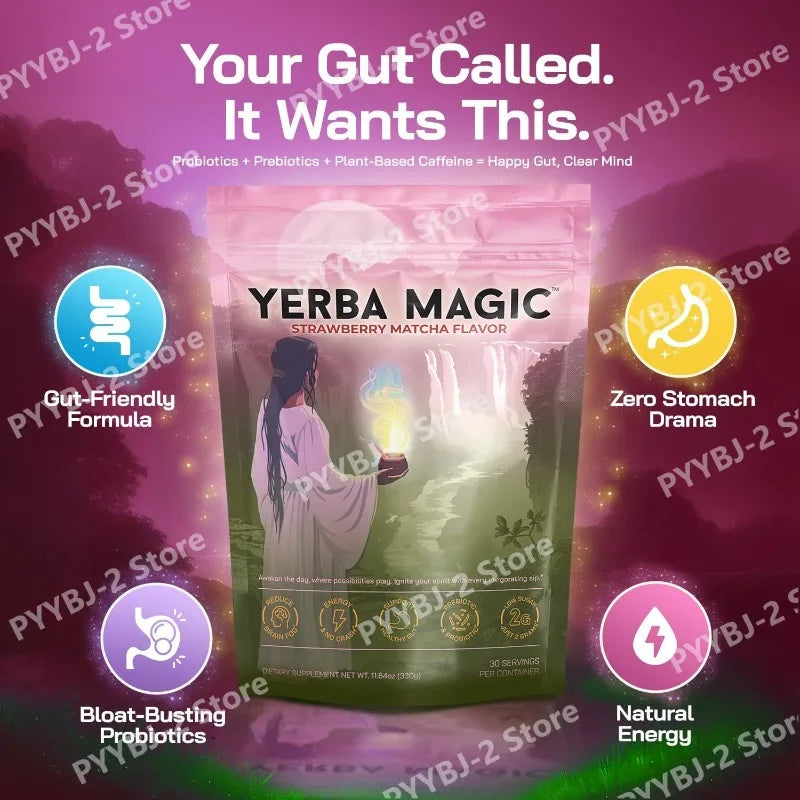 Strawberry Matcha Instant Powder Drink with Yerba Mate & Probiotic Fiber Support Clean Energy Mental Clarity Health Supplement