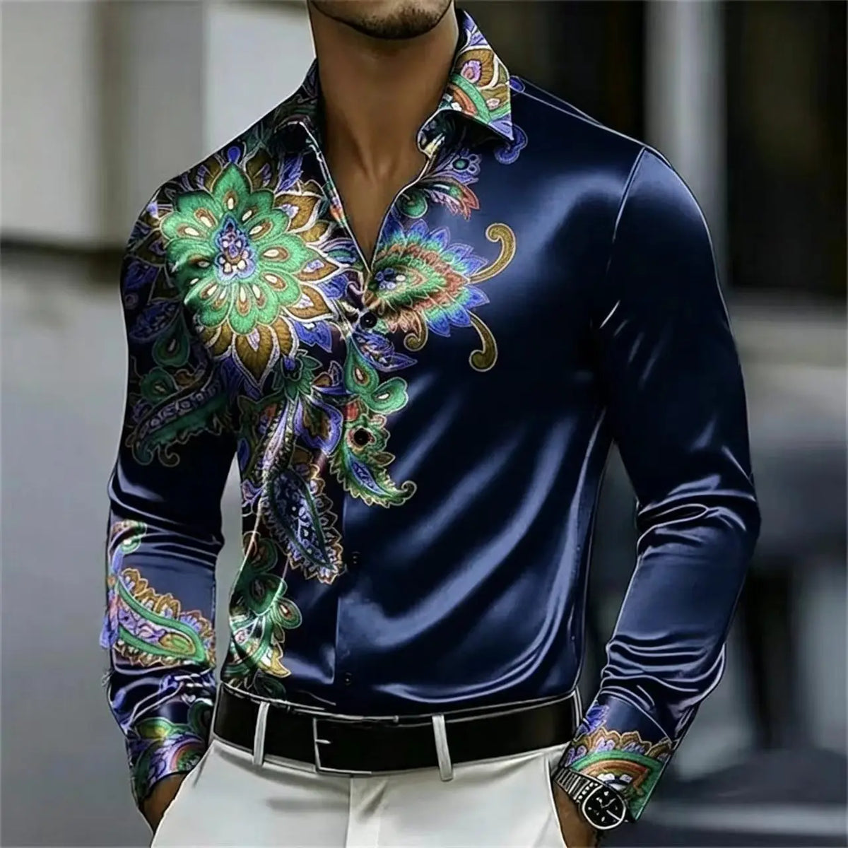 Men's Satin Paisley Printed Shirt Luxury Glossy Long Sleeve Casual Button Down Dress Shirts Nightclub Party Wear