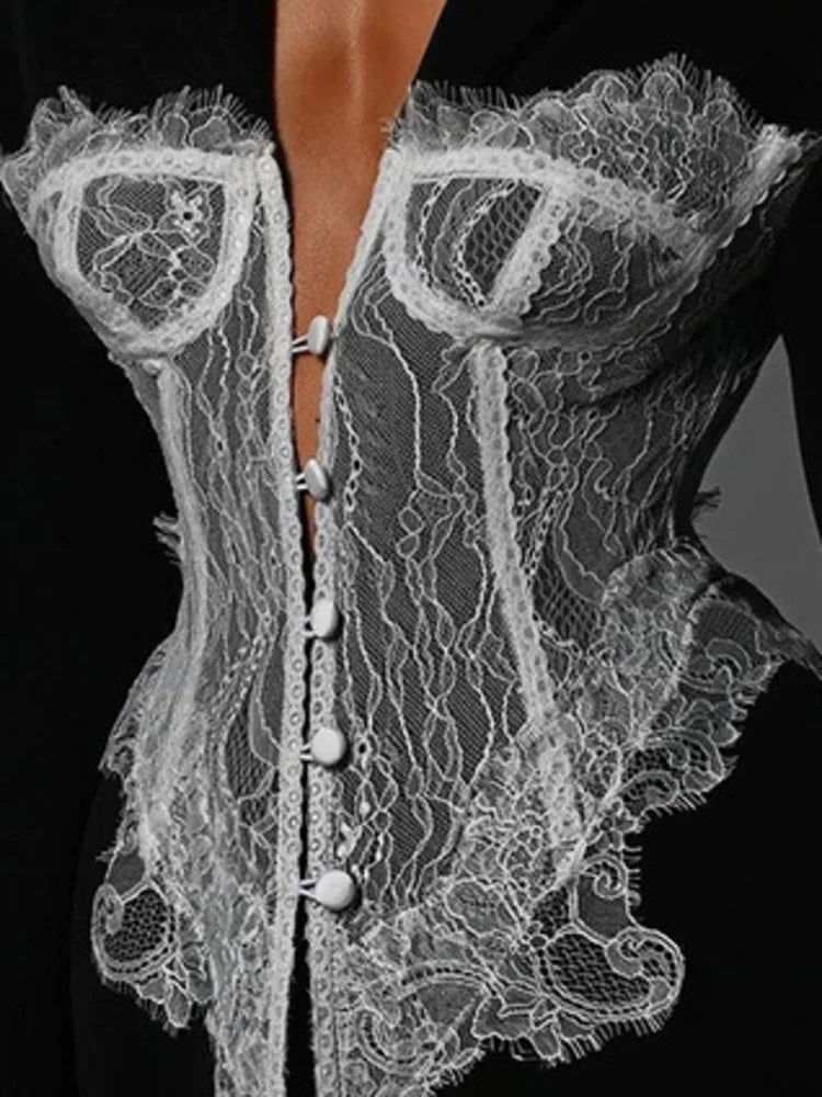 ZMEENNA 2025 Spring New Women's Black Blazer With Delicate White Lace Corset Overlay Structured Shoulders ZM954