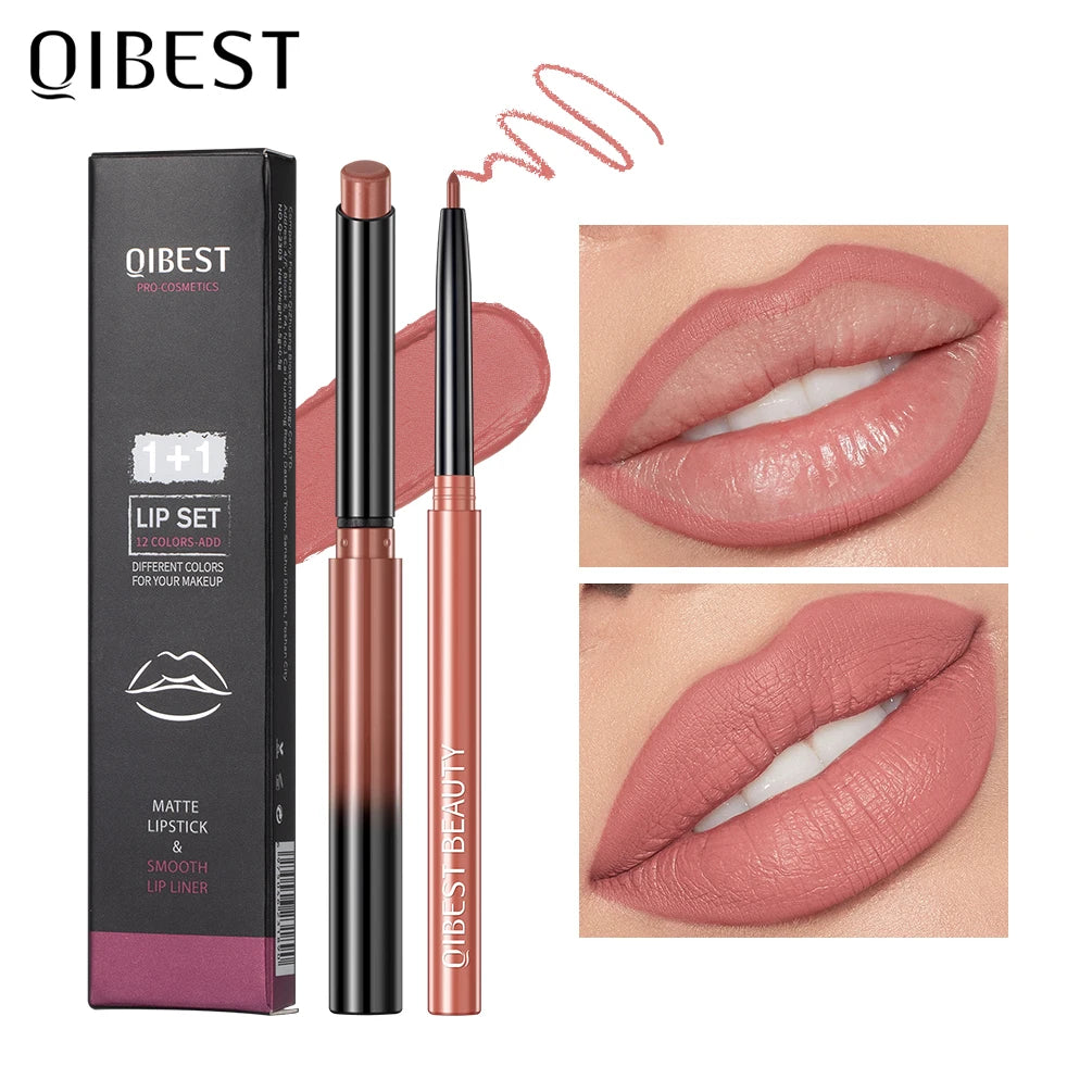 QIBEST Matte Nude Lipstick Pen Long Lasting Lipliner Lip Pencil Waterproof Lip Liner Contour Sexy Red Lip Makeup Set For Women