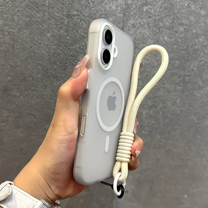 For Magsafe Candy Color Contrast Lanyard Case For iPhone 16 15 17 Pro Max 14 Plus 11 12 13 16e Hand Wrist Strap Matte Soft Cover - Kimlud