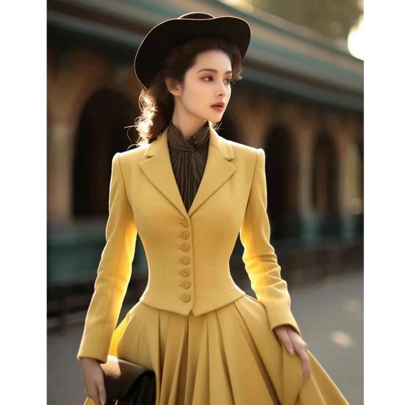 BESTBAFU Autumn Retro Party Suit Slim Short Blazer+High Waisted A-Line Pleated Long Skirt Elegant Office Women 2-Piece Set 936P