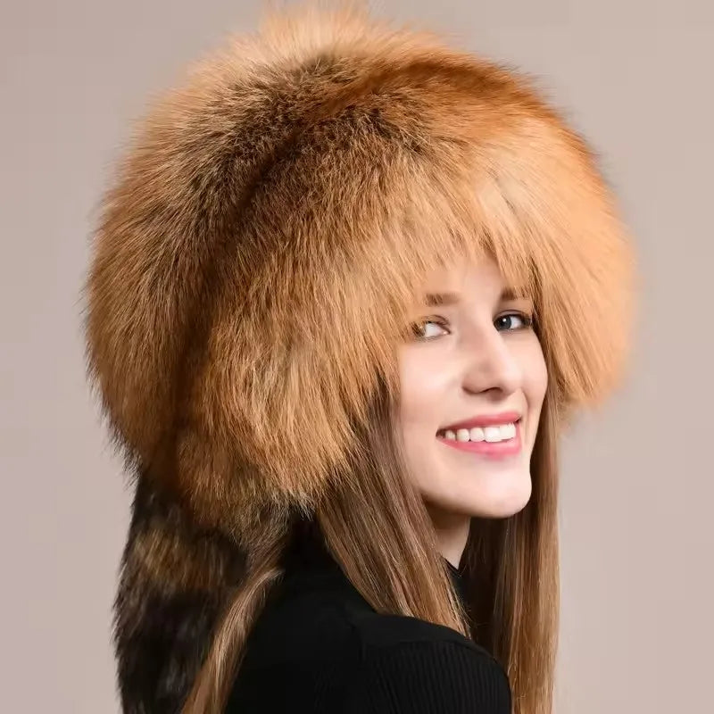 Natural Fox Fur Russian Hat Ushanka Women Winter Warm Fluffy Popular Style Female Tail Cap Fashion Real Fur Hats