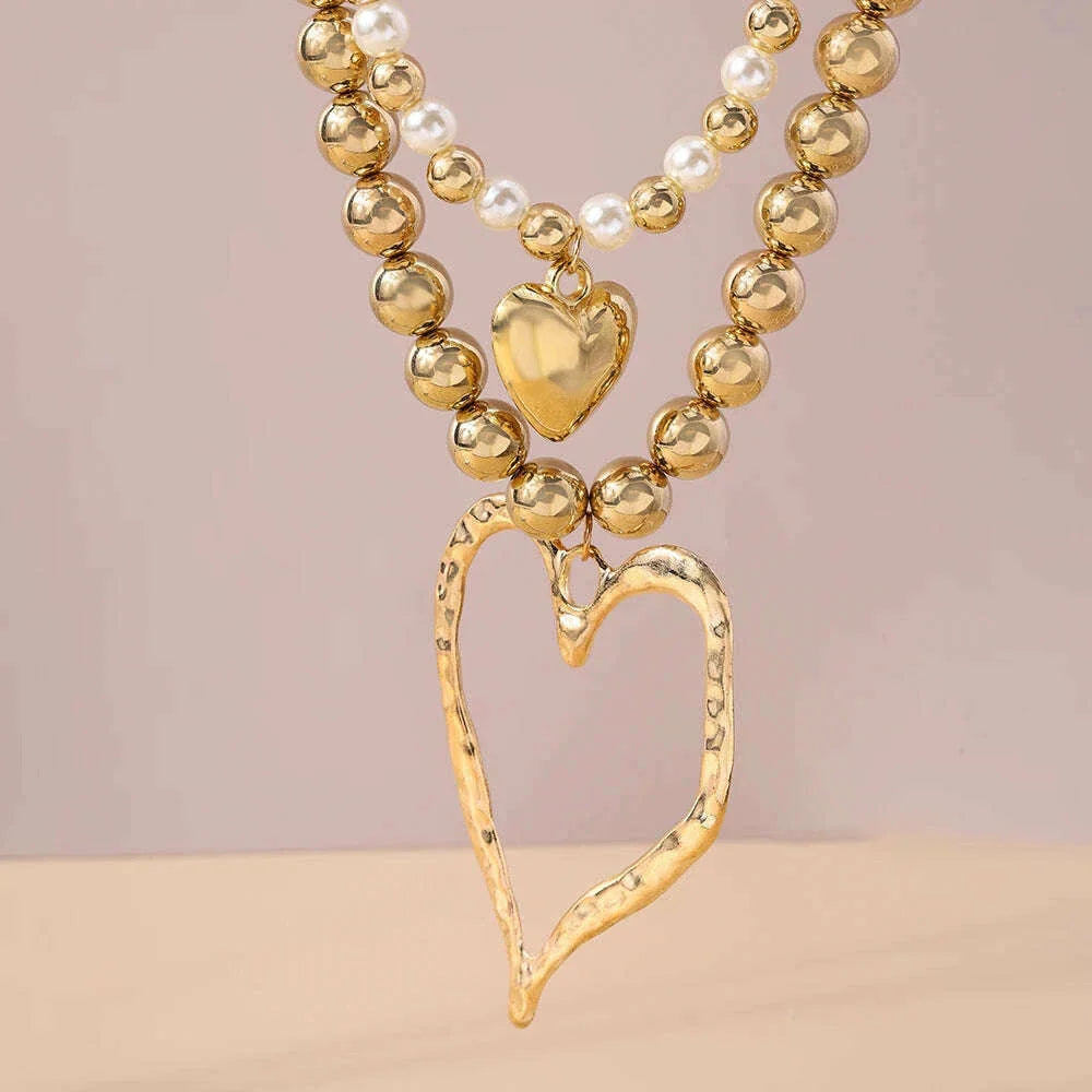 Exaggerated Hollow Big Heart Pendant Necklace for Women Girls CCB Ball Beads Necklace Party Club Punk Jewelry Gifts