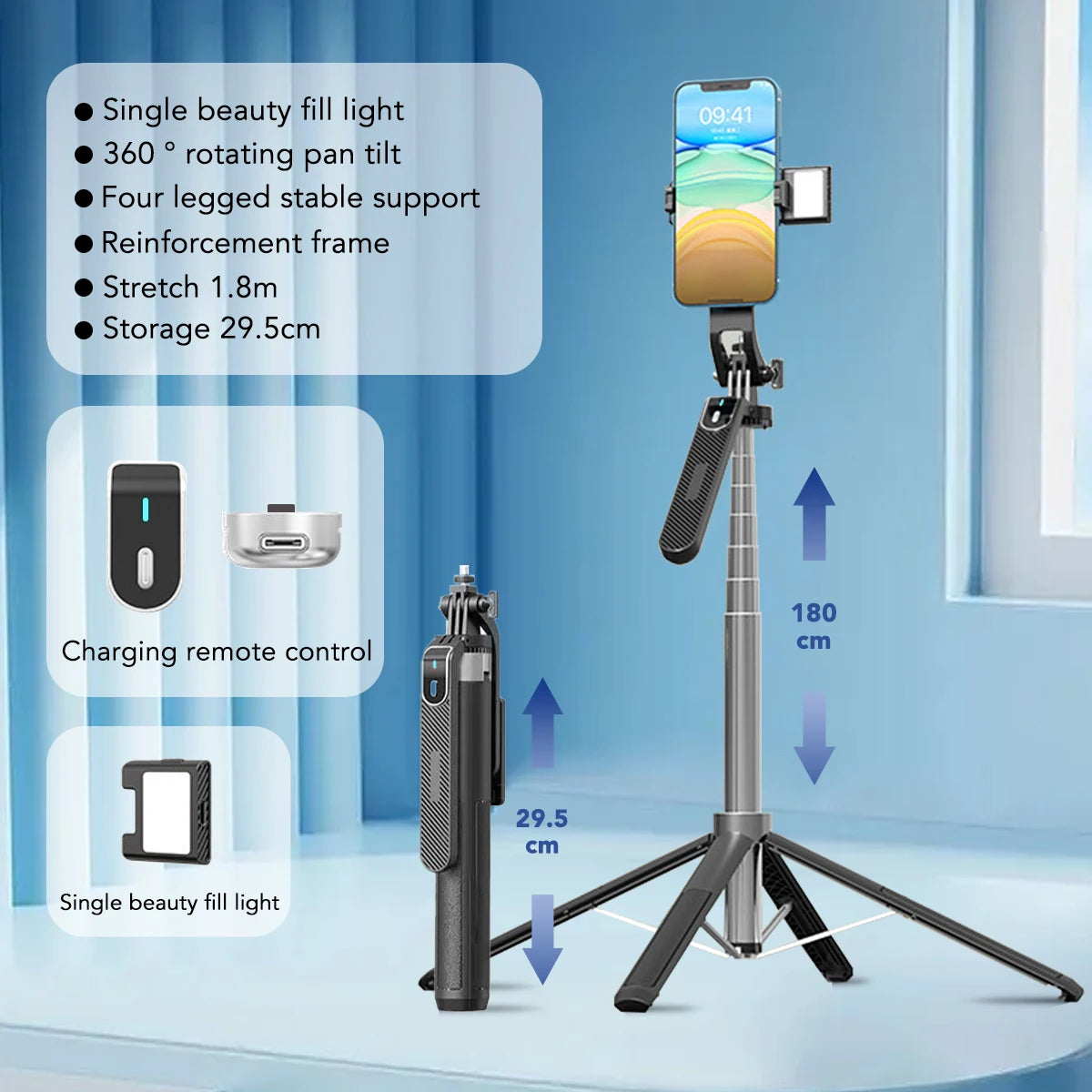 LISCN 180CM Selfie Stick Tripod 360 Rotation Portable Foldable Cell Phone Tripod Stand Stabilizer for Travel Video Photograph