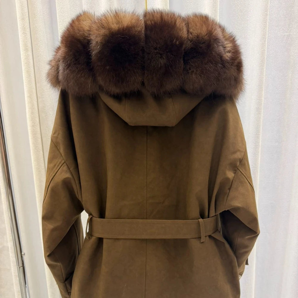 CXFS Luxury Real Fox Fur Hooded White Duck Down Jacket Women Suede Slim Parkas Winter Warm Thick Belted Elegant Fashion Coat