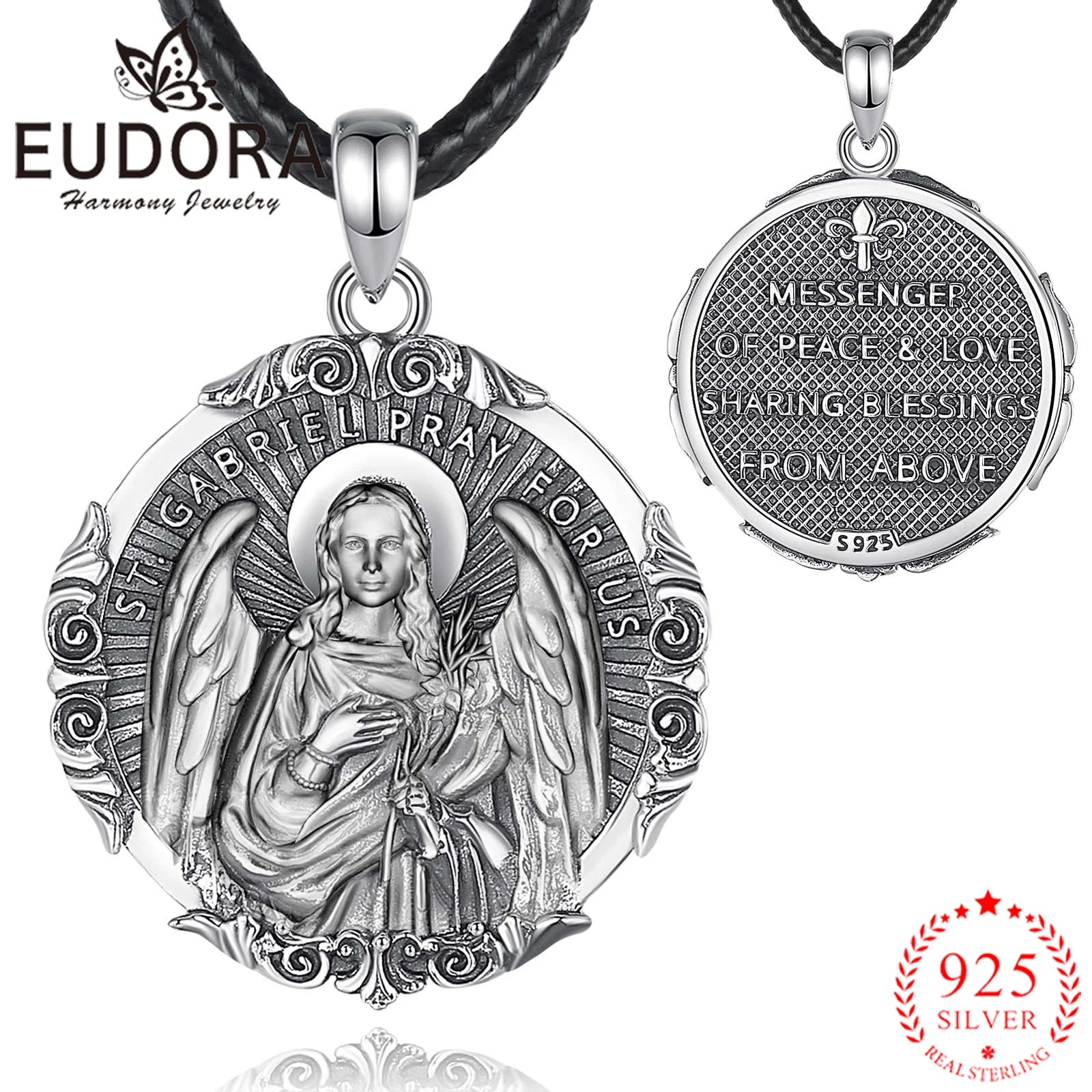 Eudora 925 Sterling Silver Saint Gabriel Archangel Necklace Vintage Amulet Pendant for Men Women Religious Believers Jewelry
